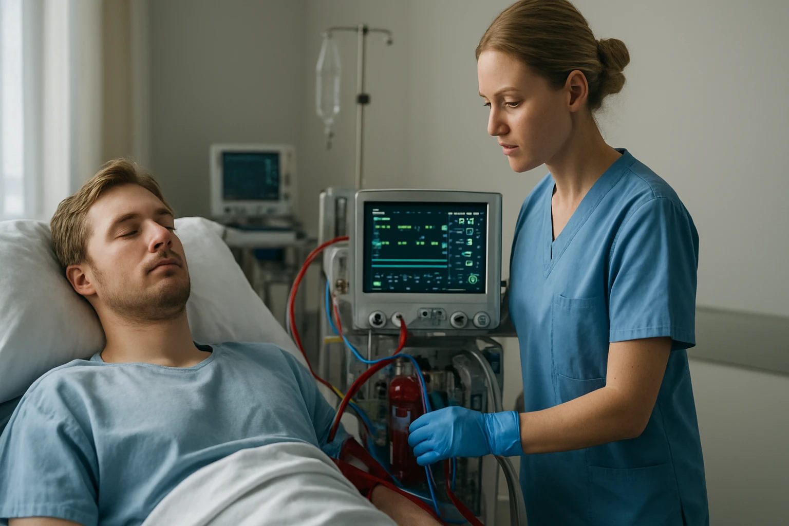 Egy nővér figyelmesen ellenőrzi a beteget egy kórházi ágyon, miközben orvosi műszerek működnek a háttérben.