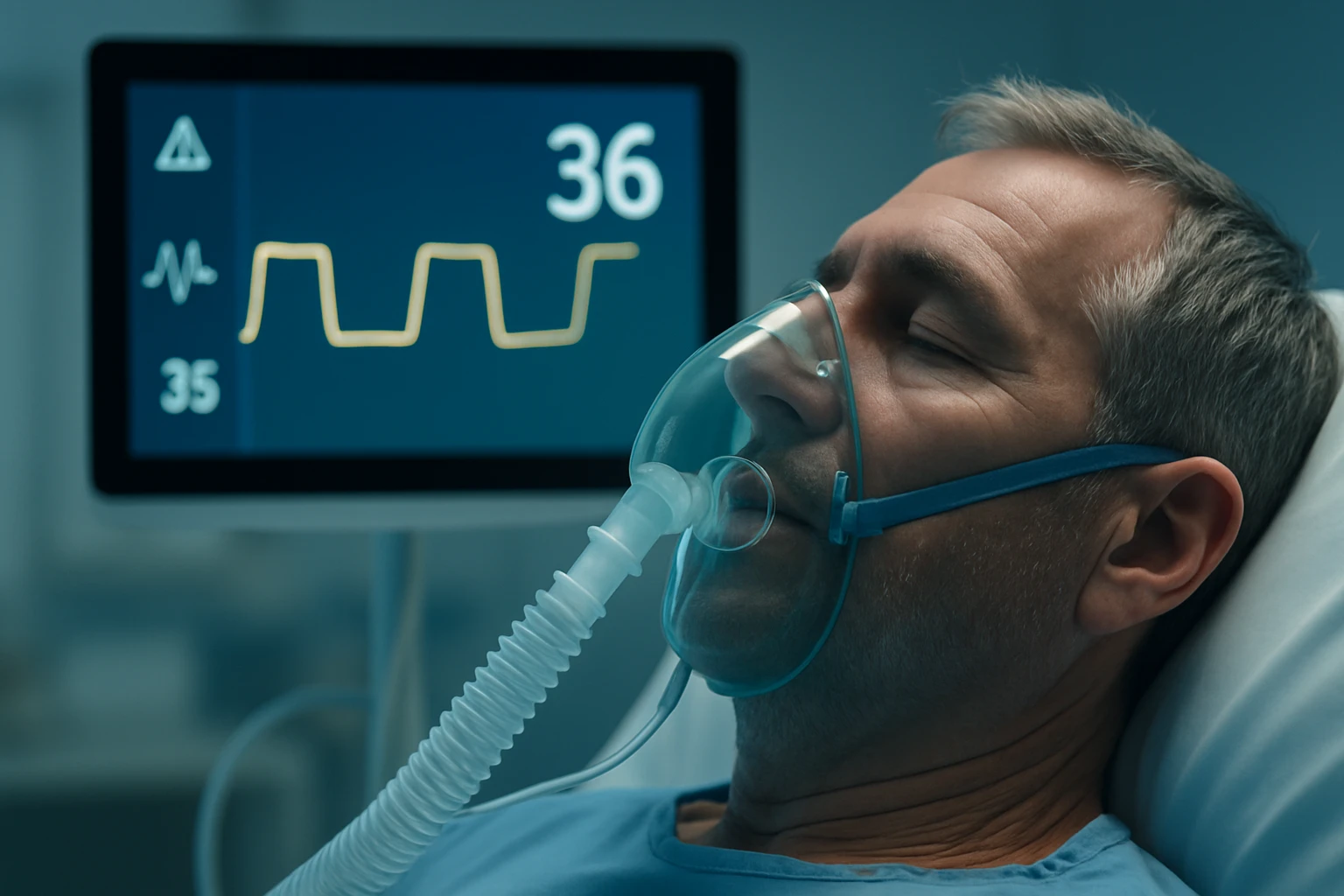 Egy férfi oxigénmaszkot visel, miközben egy monitor mutatja a pulzusát és a légzési adatokat.