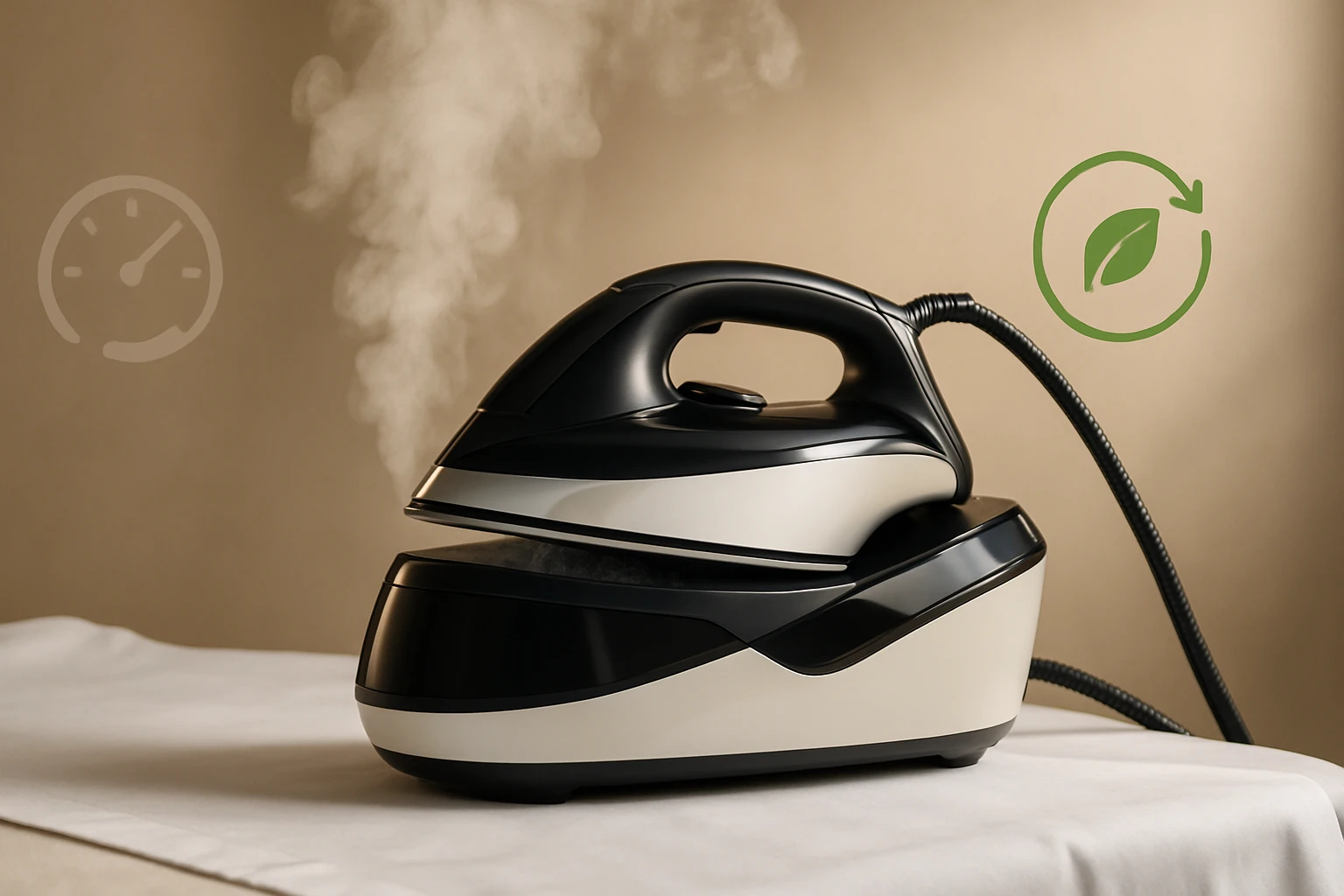 Gőzölős vasaló, amelyből gőz áramlik, modern dizájnnal és zöld energia ikon mellett.