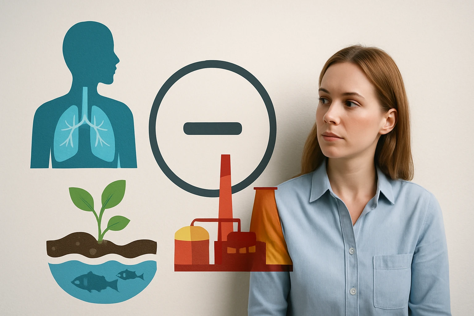 Egy nő áll egy fal előtt, amelyen egészségügyi és környezeti szimbólumok láthatók.