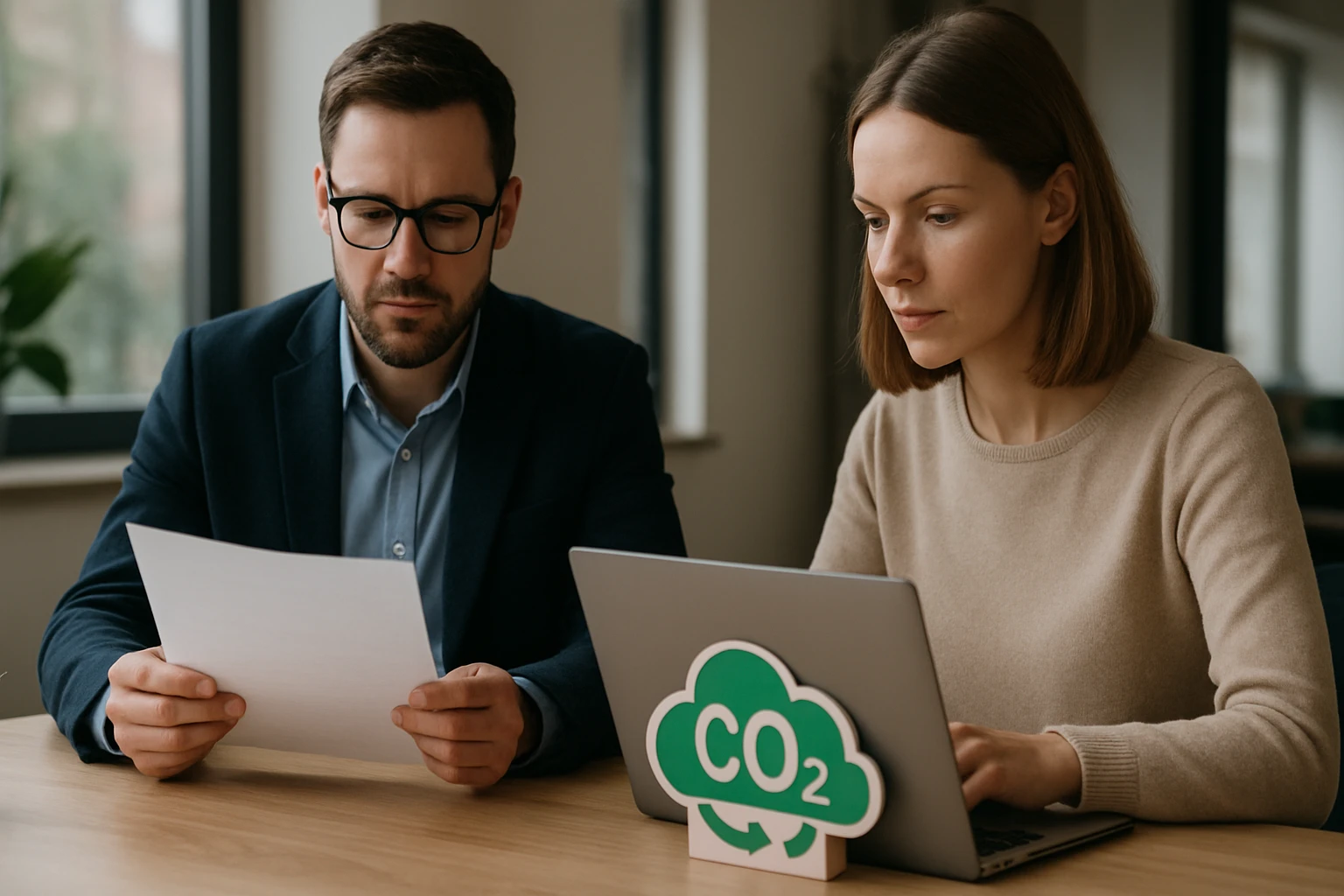 Egy férfi és egy nő ül egy asztalnál, papírokat és laptopot néznek, a háttérben növények.