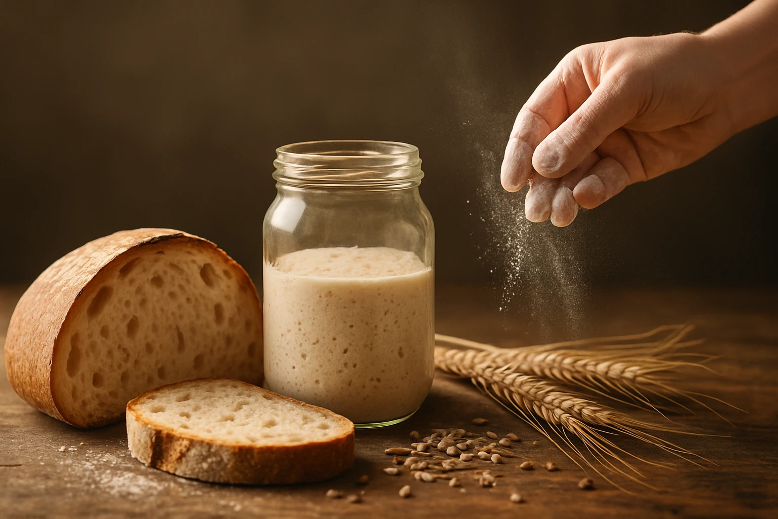 Egy kéz lisztet szór egy üvegben lévő kovászra, mellette friss kenyér és búzaszemek láthatók.