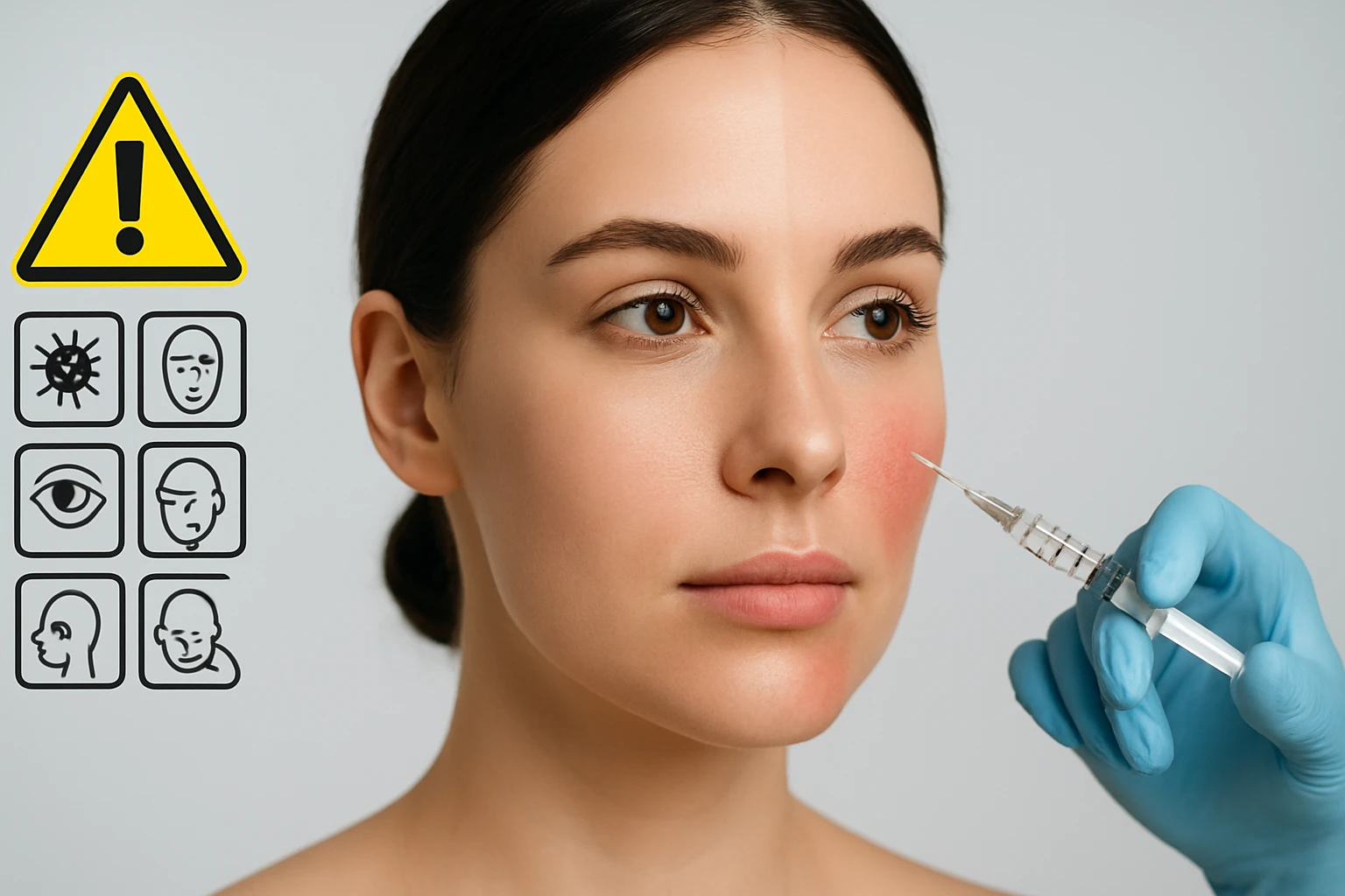 Egy nő arca, aki kozmetikai injekciót kap, figyelmeztető ikonokkal a háttérben.