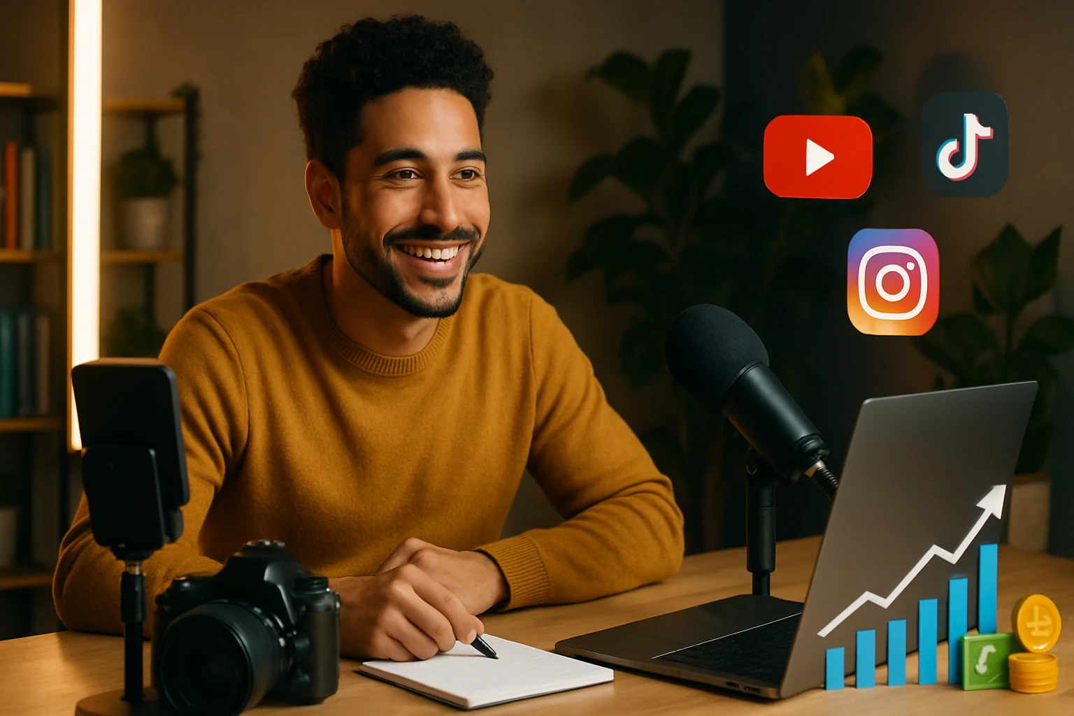 Egy mosolygó férfi ül egy asztalnál, laptop előtt, jegyzetel és közösségi média ikonok láthatók a háttérben.