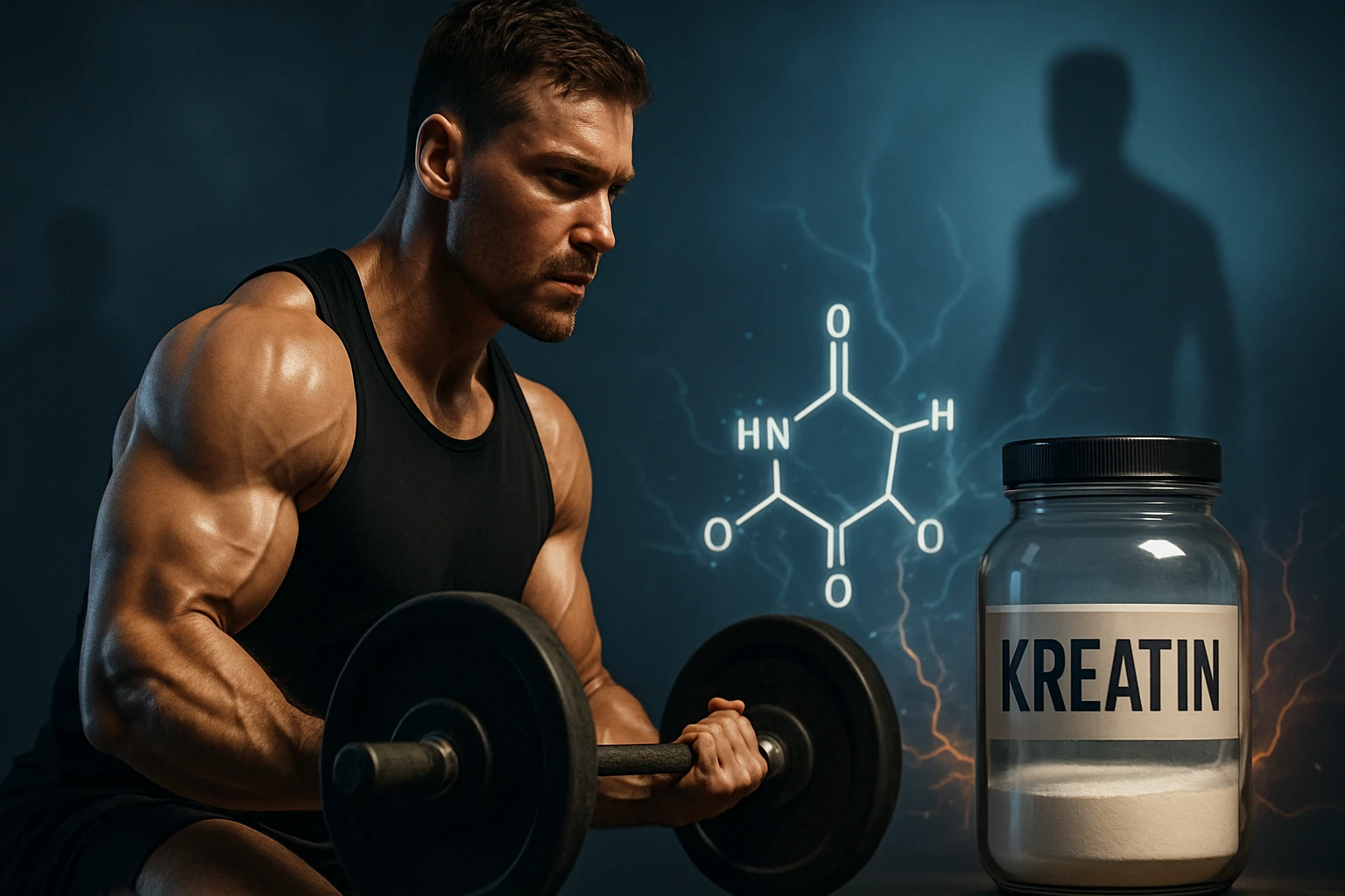 Egy izmos férfi súlyzóval edz, mellette kreatin tartály és kémiai szerkezet ábrázolása.