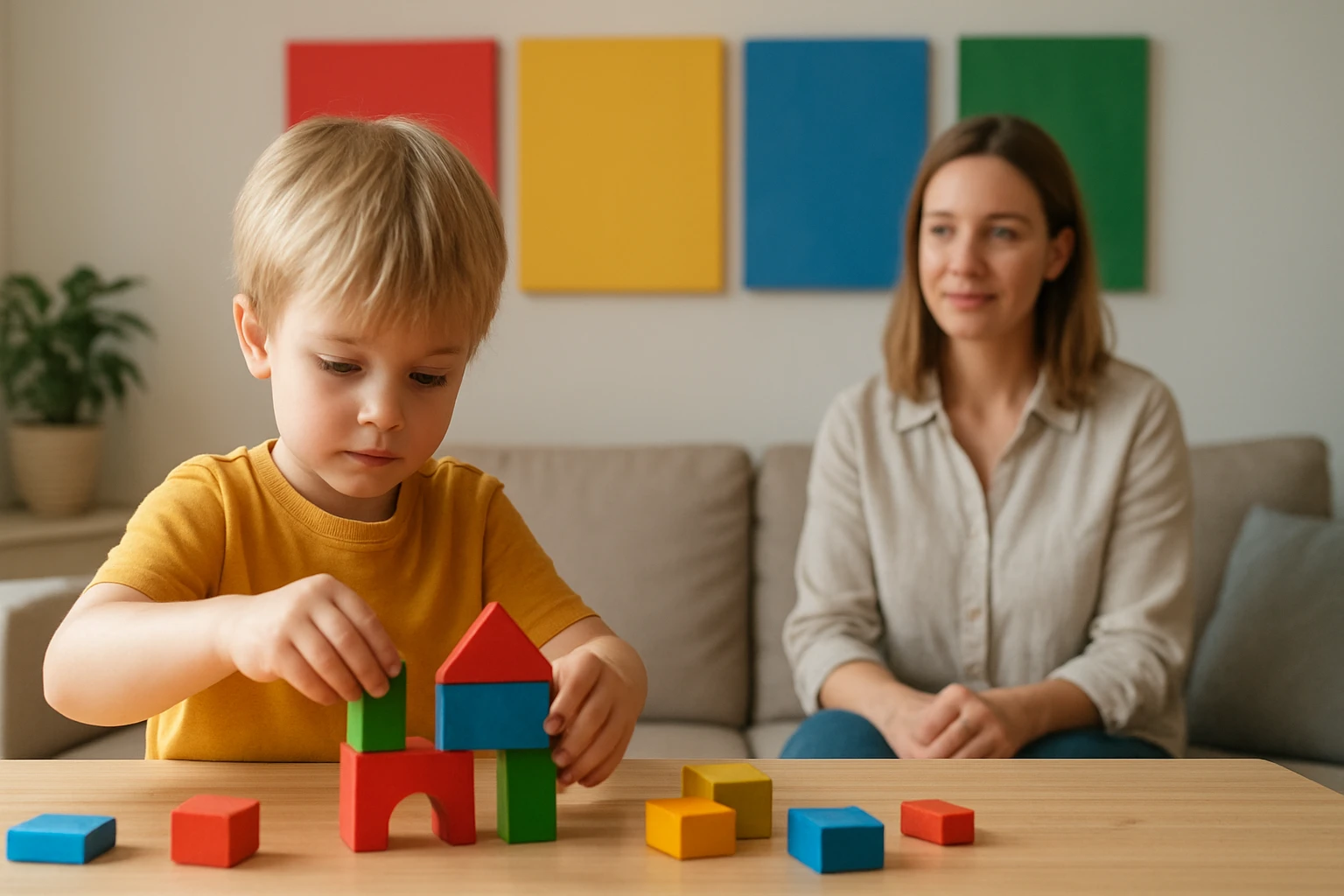 Egy kisfiú színes építőblokkokból házat épít, míg édesanyja figyeli.