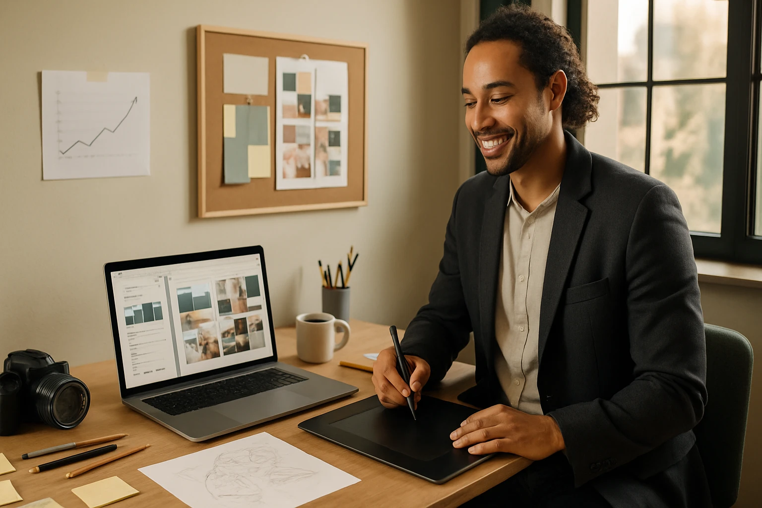 Egy fiatal férfi digitális táblán rajzol, laptopja előtt ülve, kreatív munkakörnyezetben.