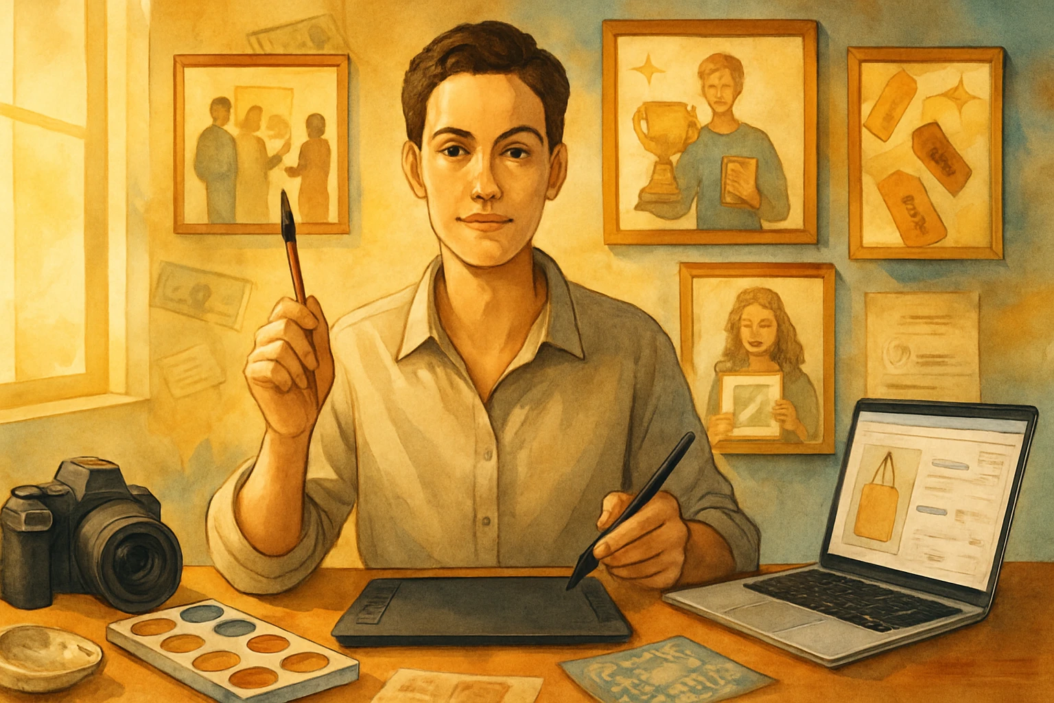 Egy fiatal férfi ül egy asztalnál, digitális rajztáblát használ, háttérben képek láthatók.