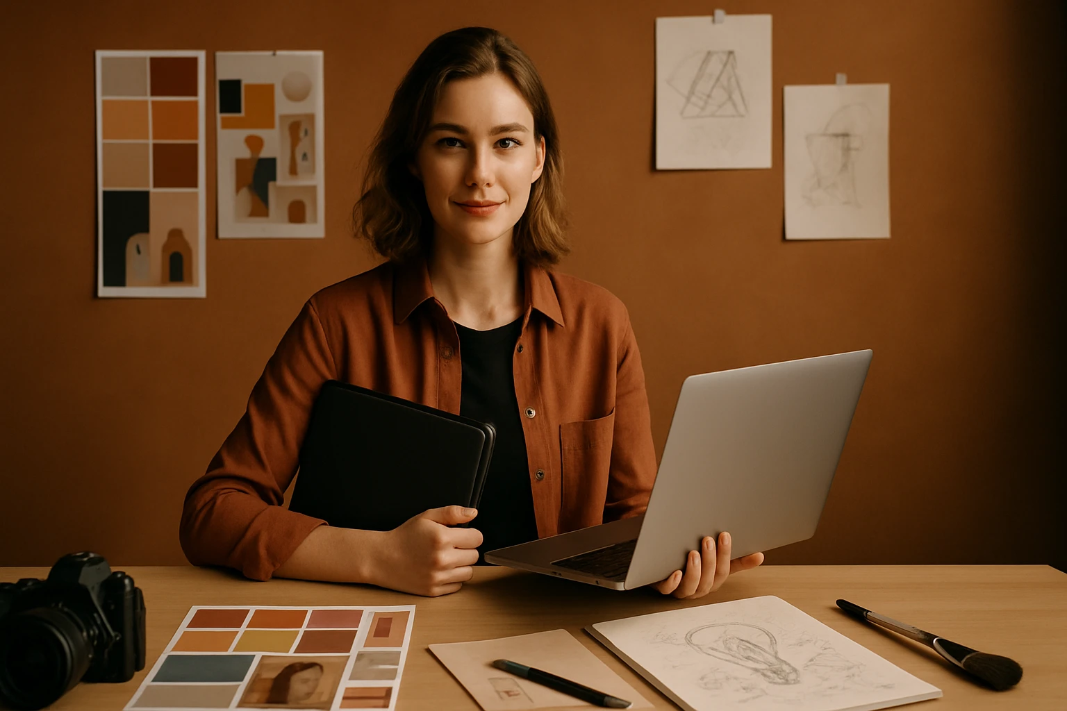 Egy fiatal nő ül egy asztalnál, laptopot és mappát tart a kezében, mögötte művészi rajzok láthatók.