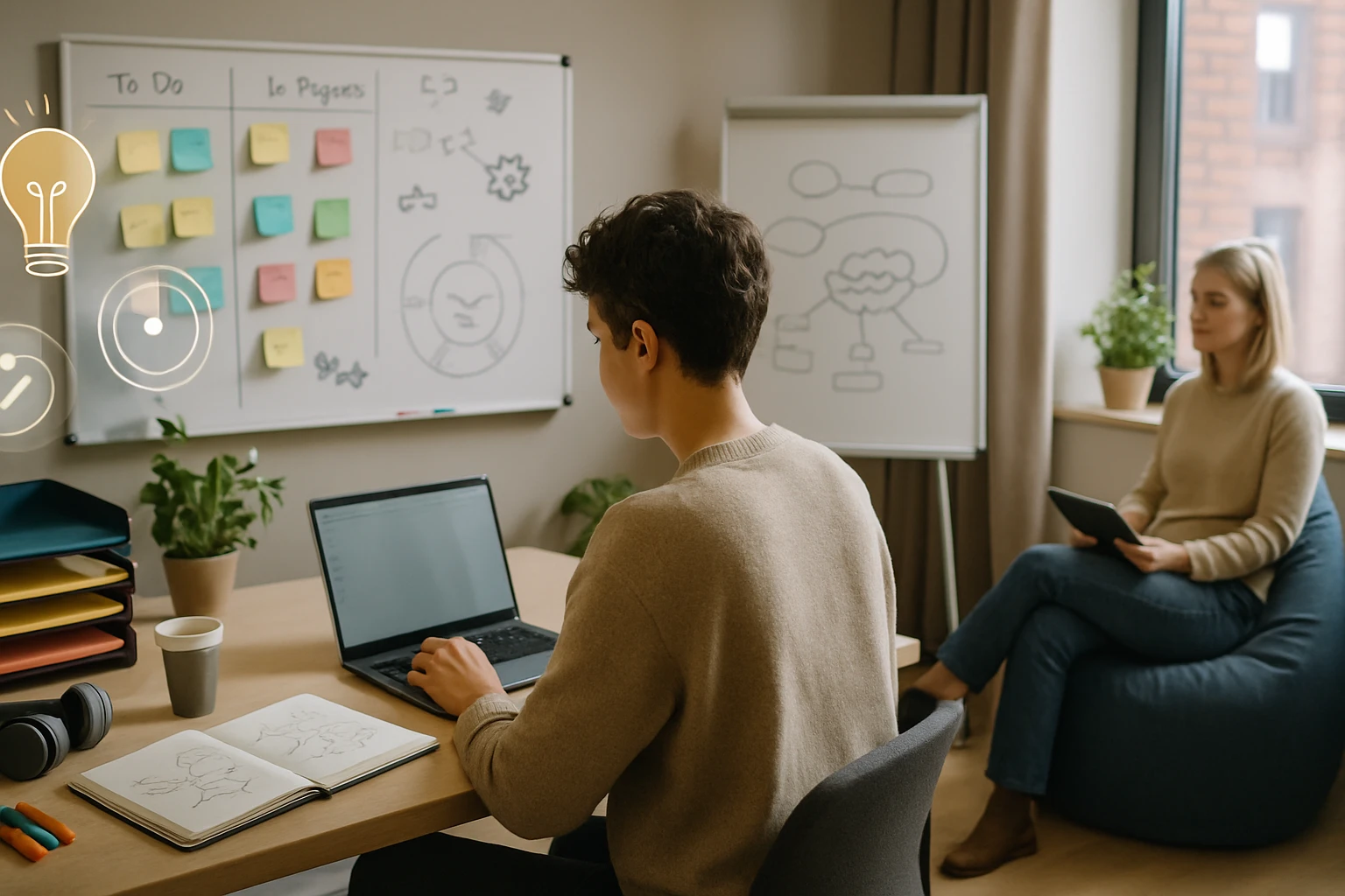 Egy fiatal férfi laptopon dolgozik, míg egy nő a háttérben táblagépet használ.