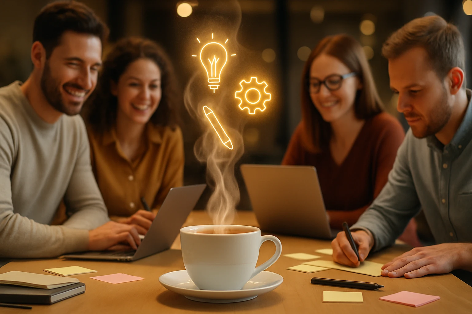 Egy csapat kreatív szakember ül egy asztalnál, laptopokkal és jegyzetekkel, miközben egy bögre gőzölög.