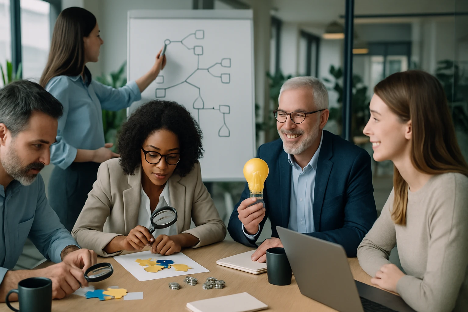 Egy kreatív csapat dolgozik egy ötletelési ülésen, miközben különböző eszközöket használnak.
