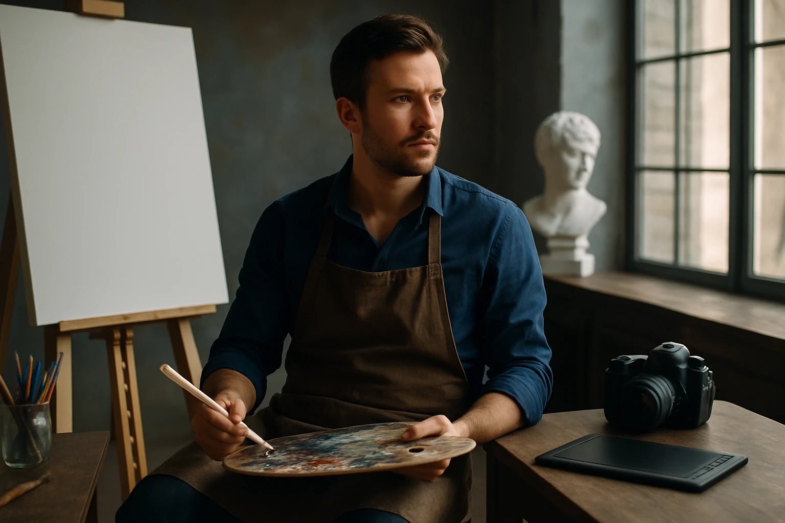 Egy fiatal férfi festőpalettával ül egy asztalnál, háttérben üres vászon és szobor.