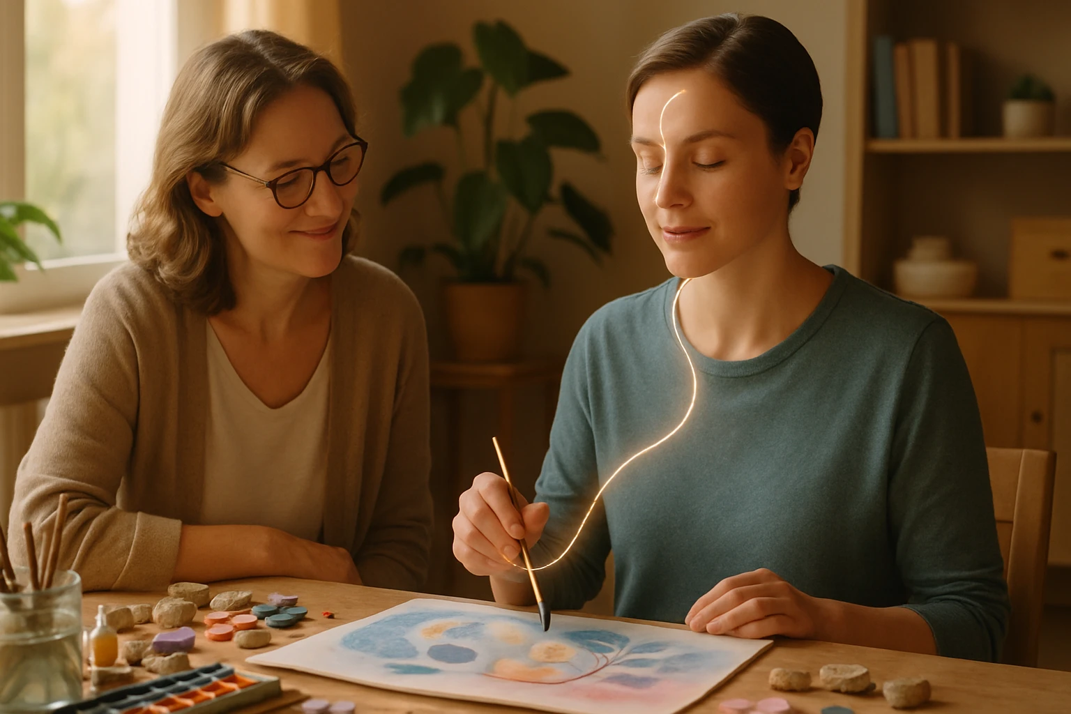 Két nő ül egy asztalnál, az egyik fest, míg a másik figyeli és mosolyog.