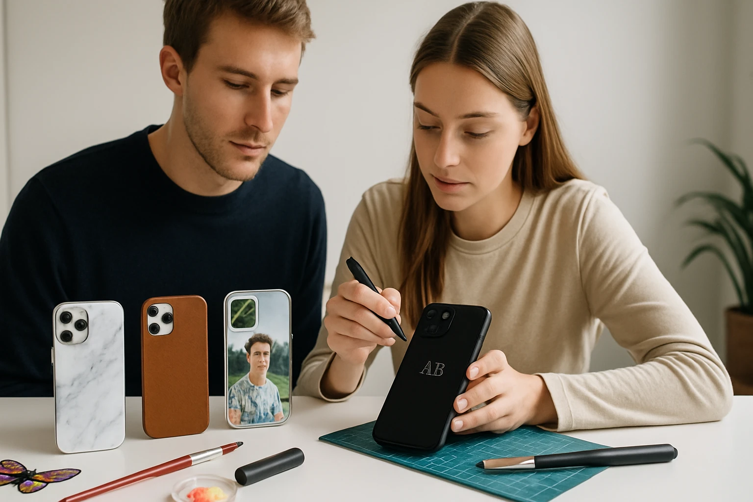 Egy fiatal pár telefon tokokat tervez, az asztalon különböző stílusú tokokkal.