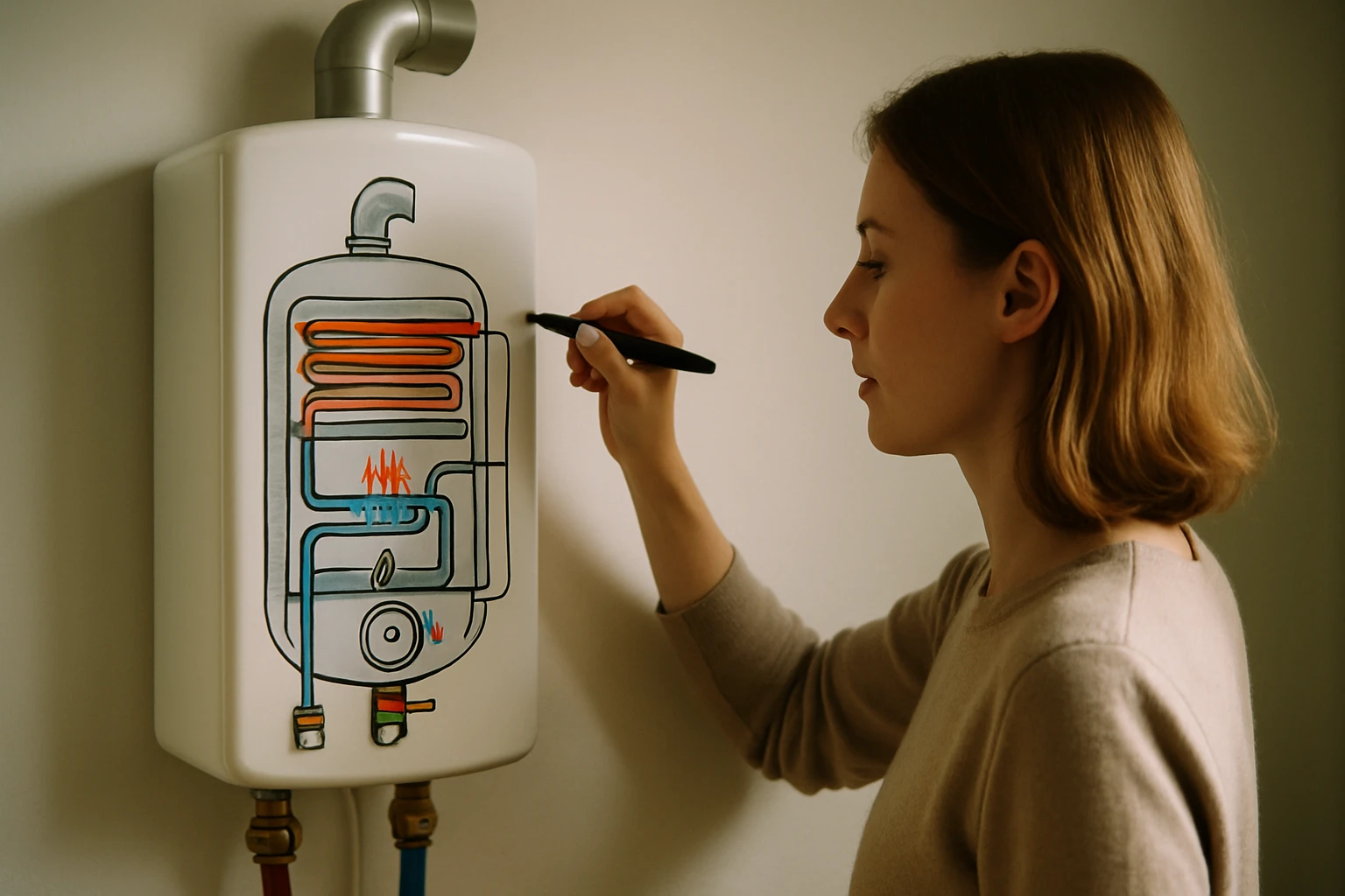 Egy nő egy vízmelegítő berendezés rajzát készíti el, miközben a falon áll.