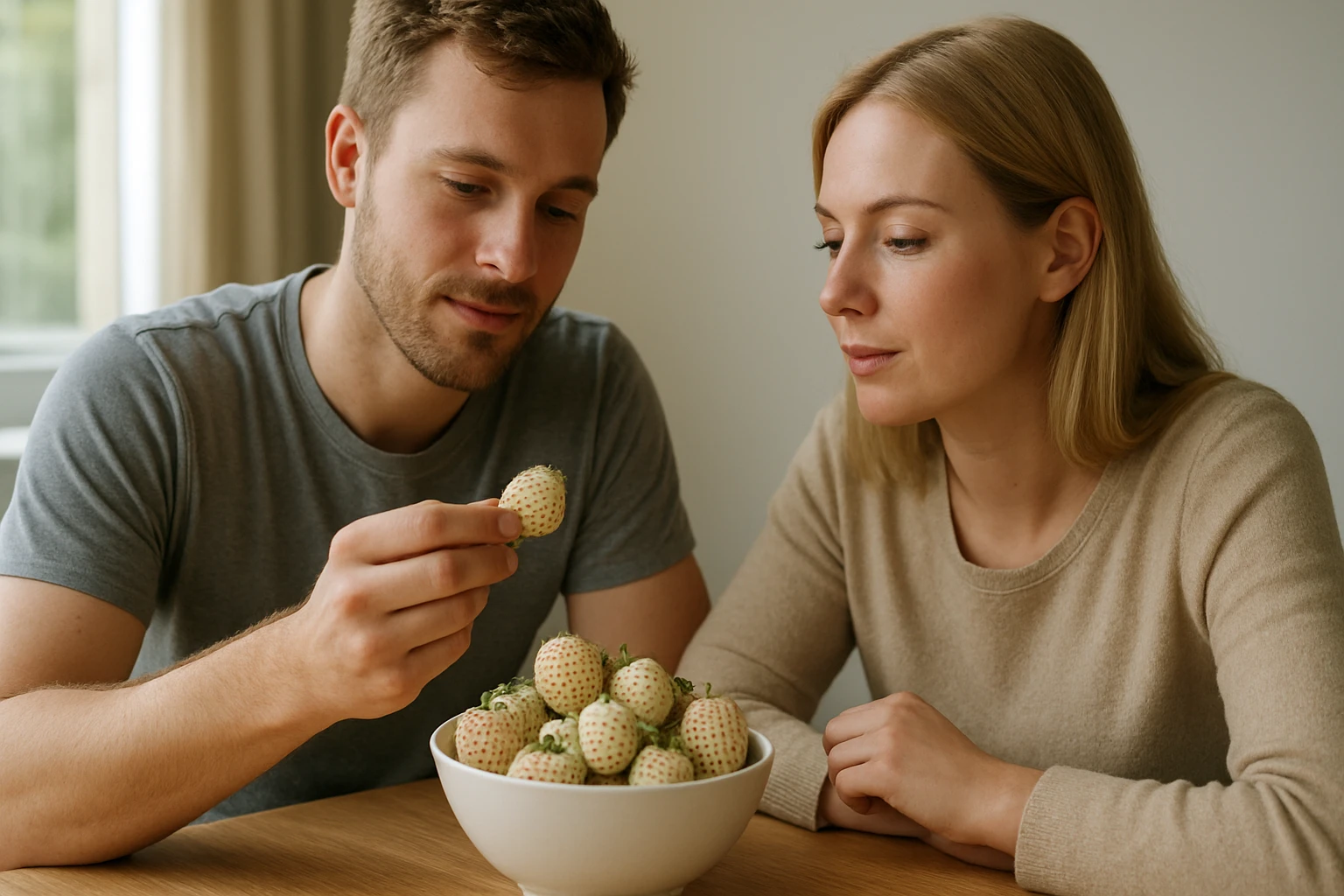 Egy férfi és egy nő ül egy asztalnál, a férfi egy különleges gyümölcsöt néz, míg a nő figyelmesen nézi őt.