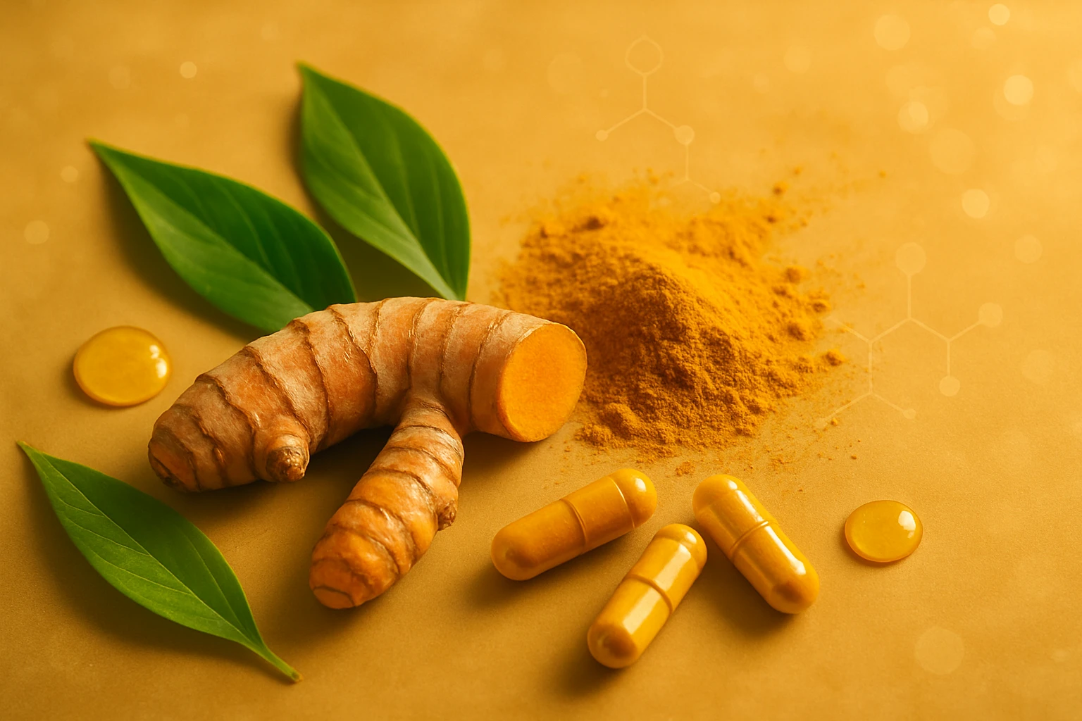 Friss kurkuma gyökér, por és kapszulák zöld levelekkel, egészséges életmódhoz.