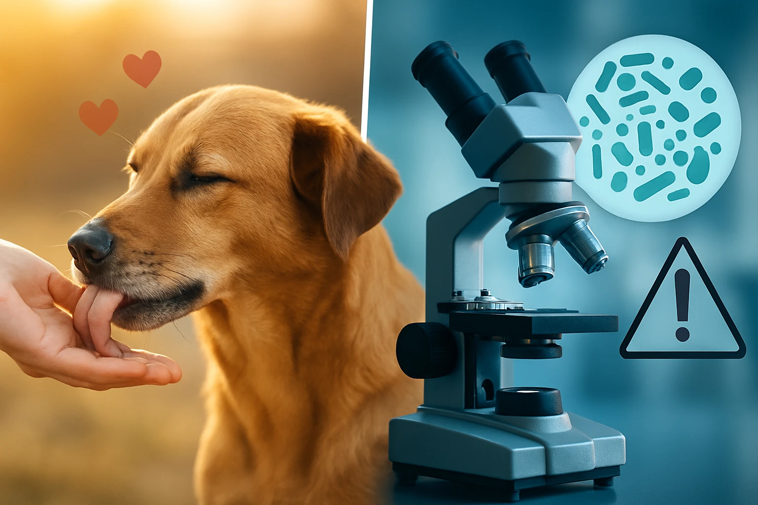 Egy arany retriever kutya nyalogatja egy ember kezét, miközben háttérben egy mikroszkóp látható.