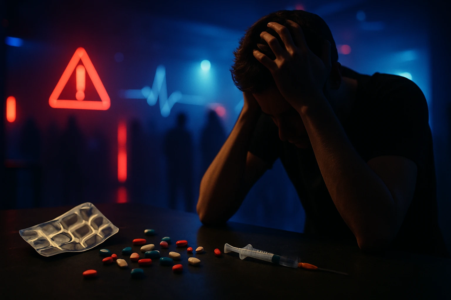 Egy fiatal férfi kétségbeesetten ül, kezét a fején tartva, előttében gyógyszerek és egy fecskendő található.