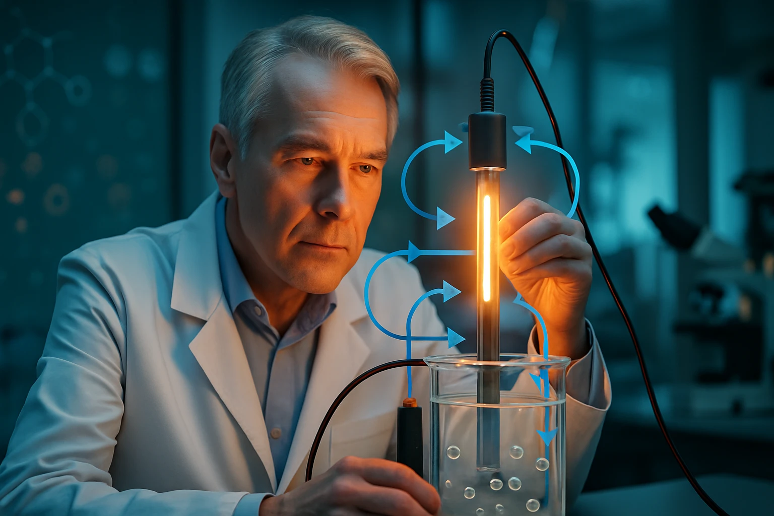 Egy laboratóriumi szakember figyelmesen vizsgál egy világító üveget, amely vízben van.