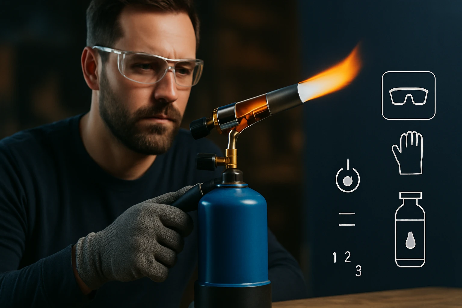 Egy férfi figyelmesen használ egy lángfúvót, védőszemüvegben és kesztyűben.