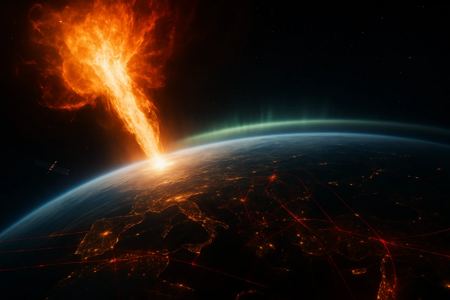 A Földet elérő napkitörés látványa, élénk narancssárga lángokkal és zöld aurorával.