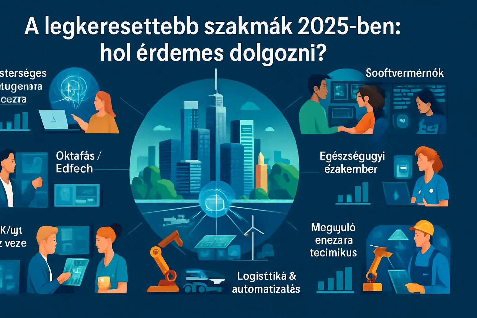 Grafika a legkeresettebb szakmákról 2025-ben, különböző szakmák ikonjaival.