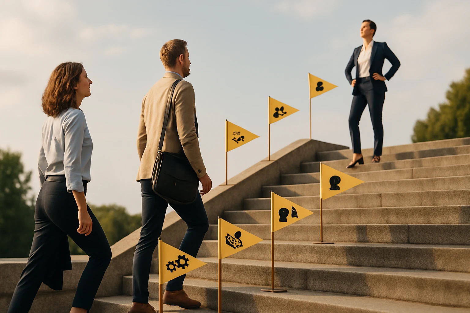 Két üzletember lépked felfelé a lépcsőn, sárga zászlók mellett, amelyek különböző szimbólumokat ábrázolnak.