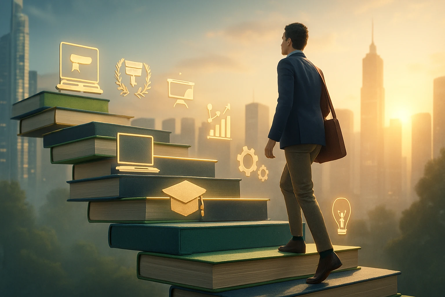 Egy fiatal férfi lépcsőn halad felfelé, amely könyvekből áll, miközben digitális ikonok jelennek meg körülötte.