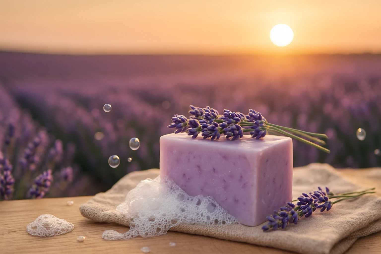Egy levendulás szappan, buborékokkal, naplementében, levendulamező előtt.