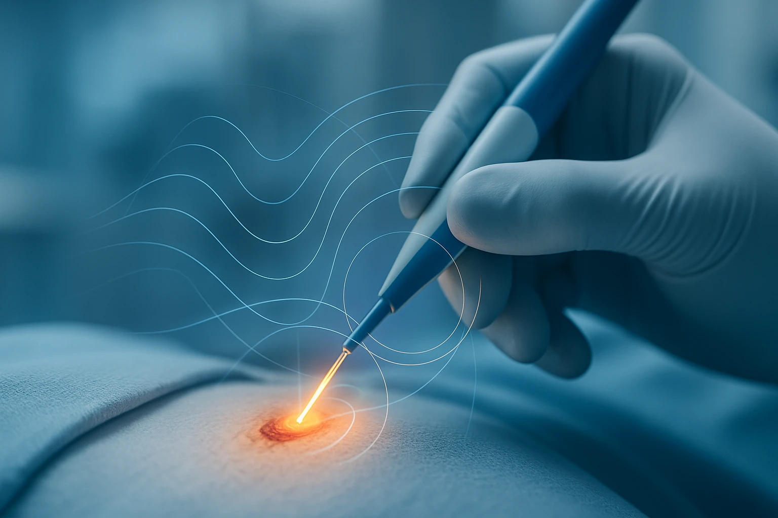 Egy orvos keze, amely lézeres kezelést végez egy bőrön lévő sebnél.