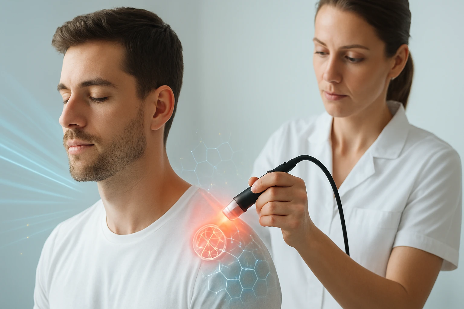 Egy női terapeuta lézeres kezelést végez egy férfi vállán, miközben a férfi relaxál.