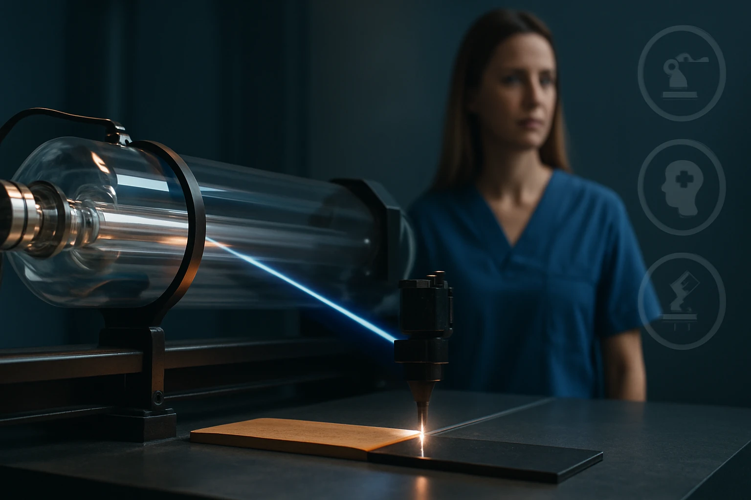 Egy nő figyeli a lézervágót, amely fát vág a laboratóriumban.