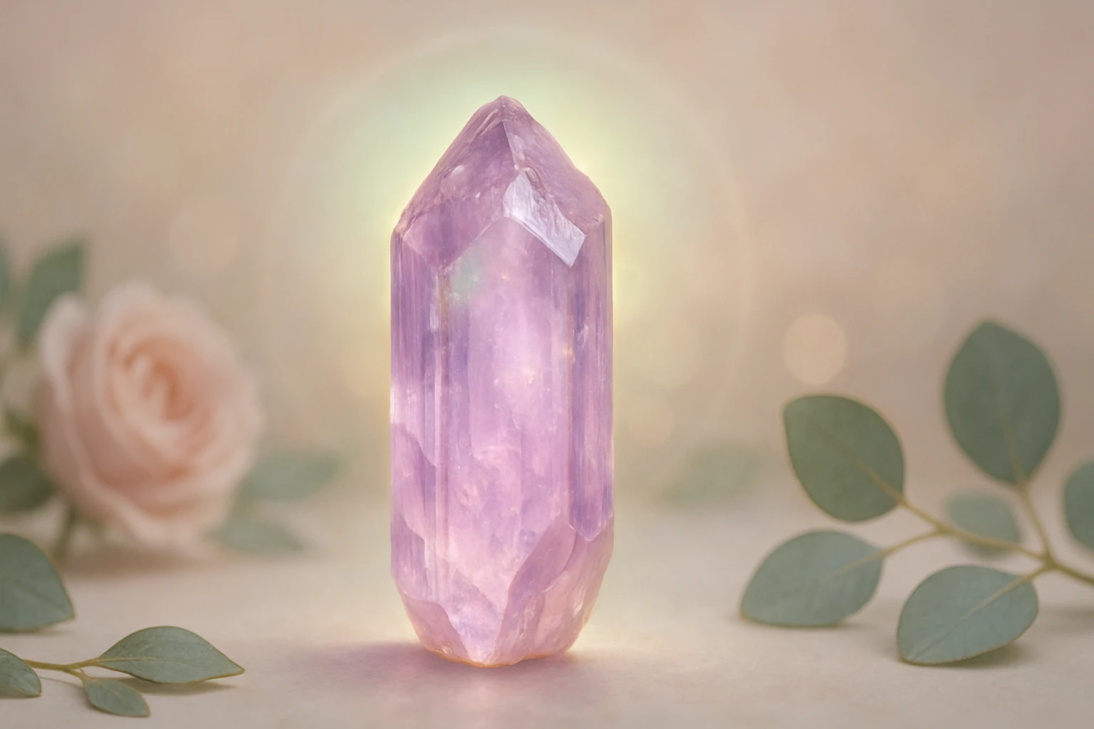 Egy lila kristály áll egy világos háttér előtt, rózsák és levelek társaságában.