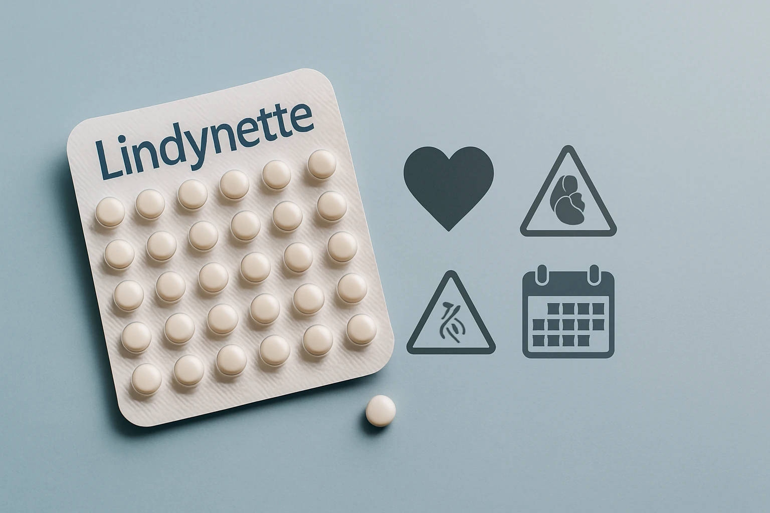 Lindynette fogamzásgátló tabletták csomagolása, mellette figyelmeztető ikonok.