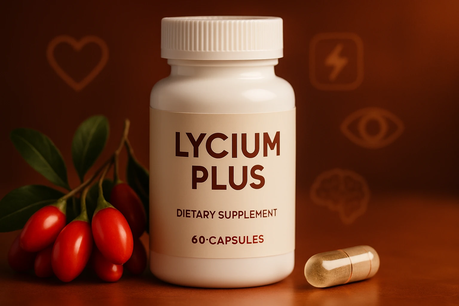 Egy fehér palack, amely Lycium Plus étrend-kiegészítőt tartalmaz, mellette goji bogyók és egy kapszula.