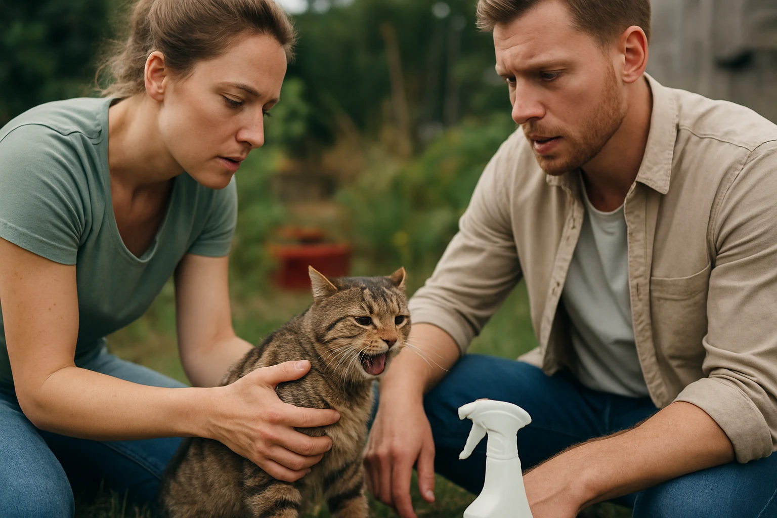 Egy nő és egy férfi figyelmesen nézi a macskát, amely láthatóan stresszes.