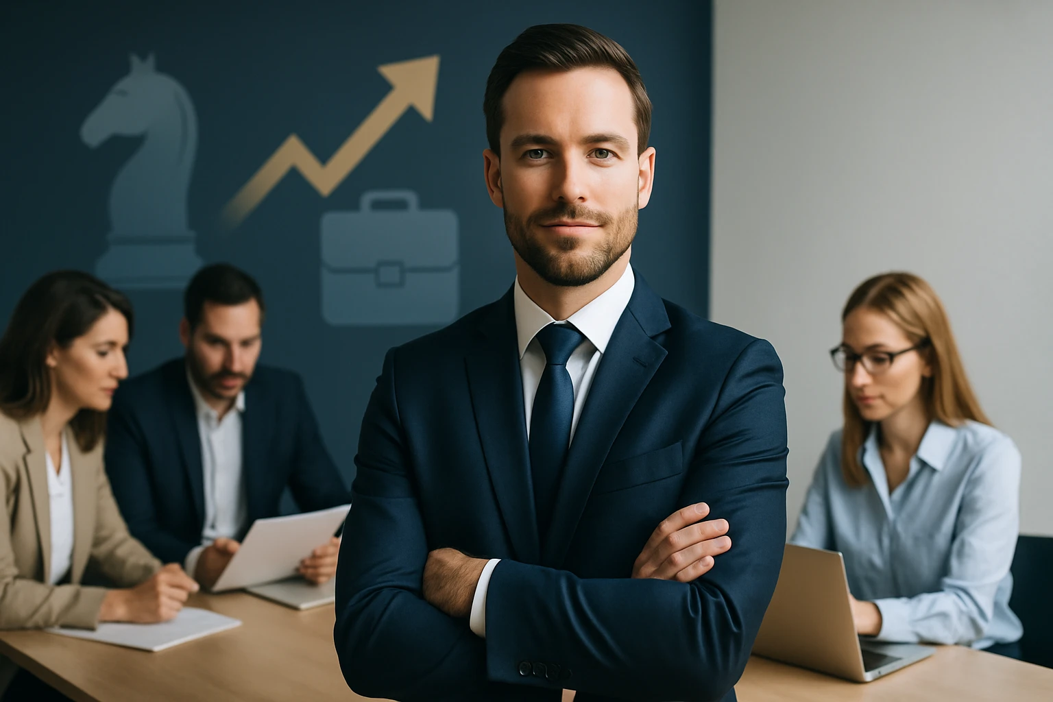 Egy férfi öltönyben, karba tett kézzel, magabiztosan néz a kamerába, háttérben üzleti megbeszélés zajlik.