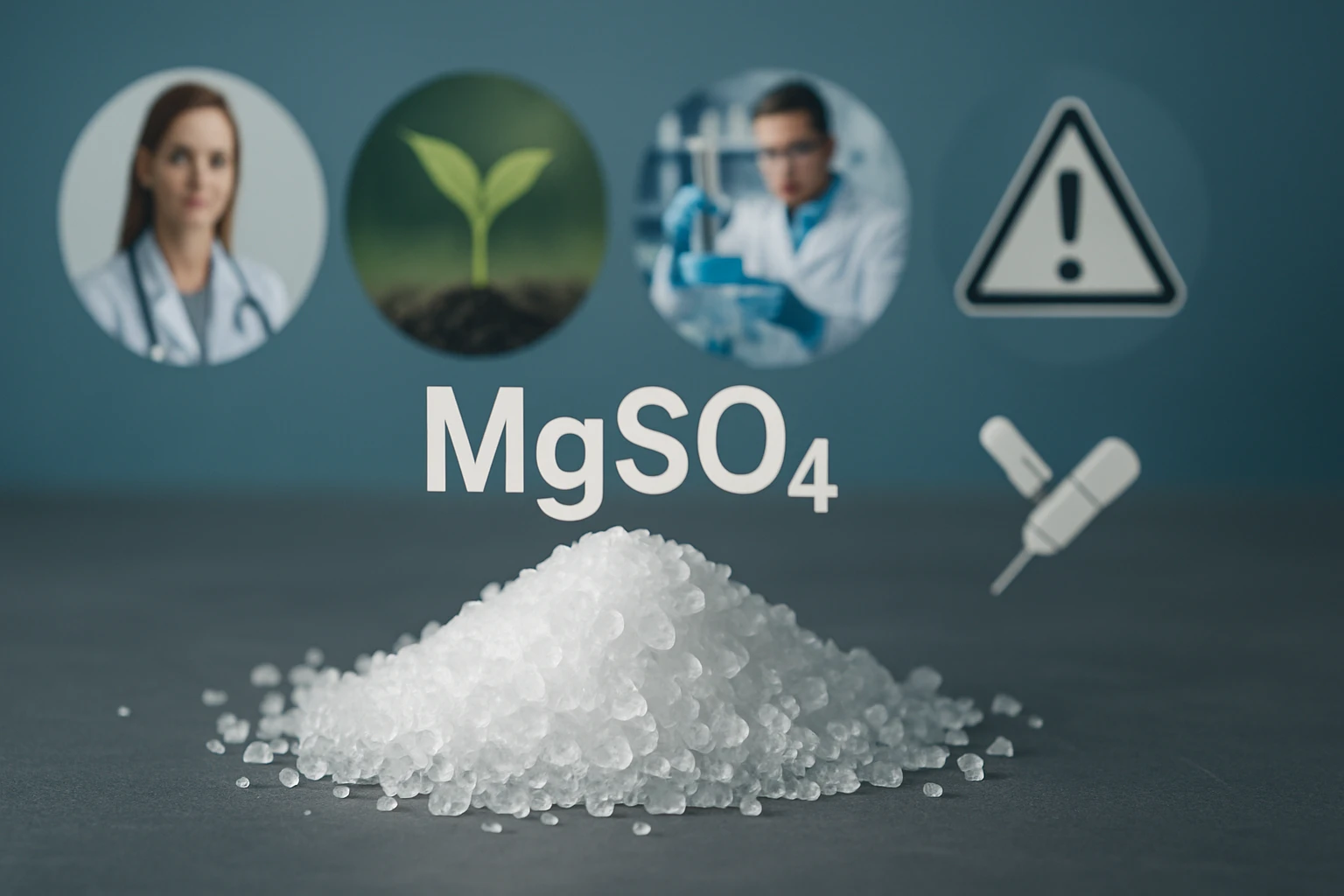 Egy halom magnézium-szulfát (MgSO4) kristály, háttérben tudósok és növények képei.