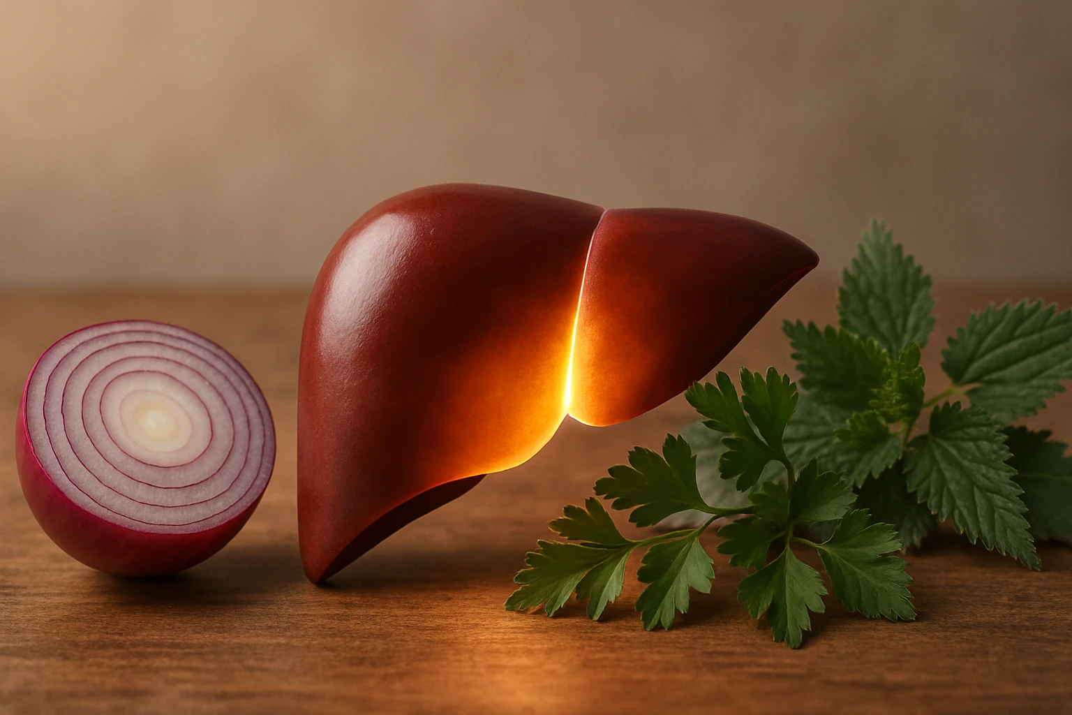 Egy félbevágott vöröshagyma és egy világító máj formájú tárgy, friss petrezselyemmel.