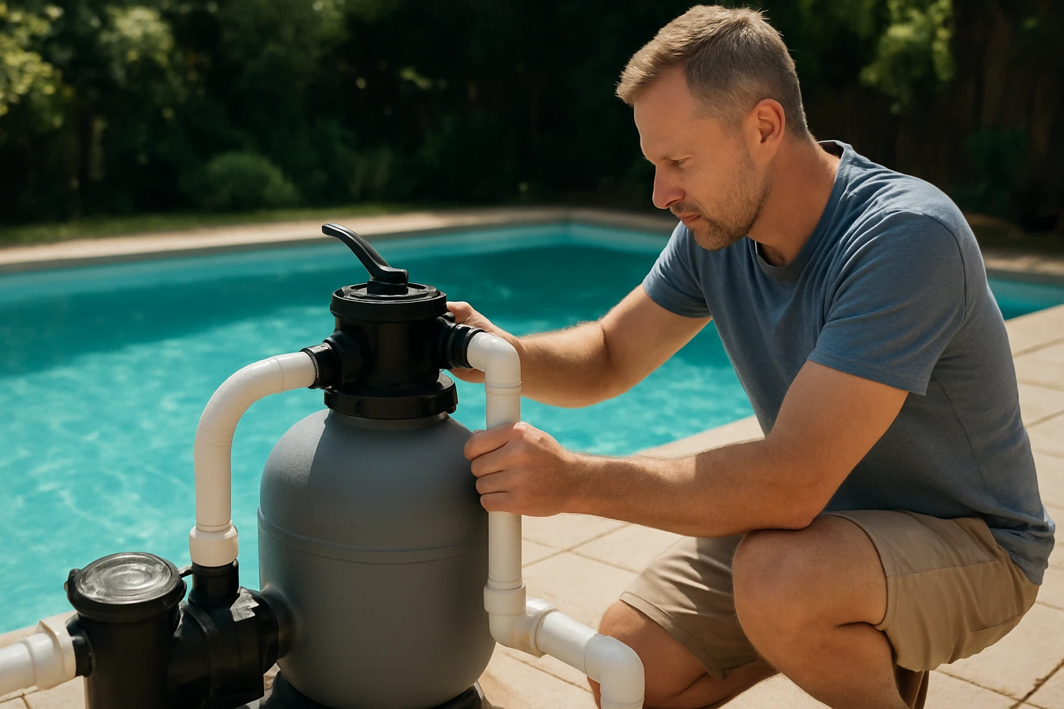 Egy férfi a medence mellett egy szűrőberendezést szerel, a víz tisztításához.