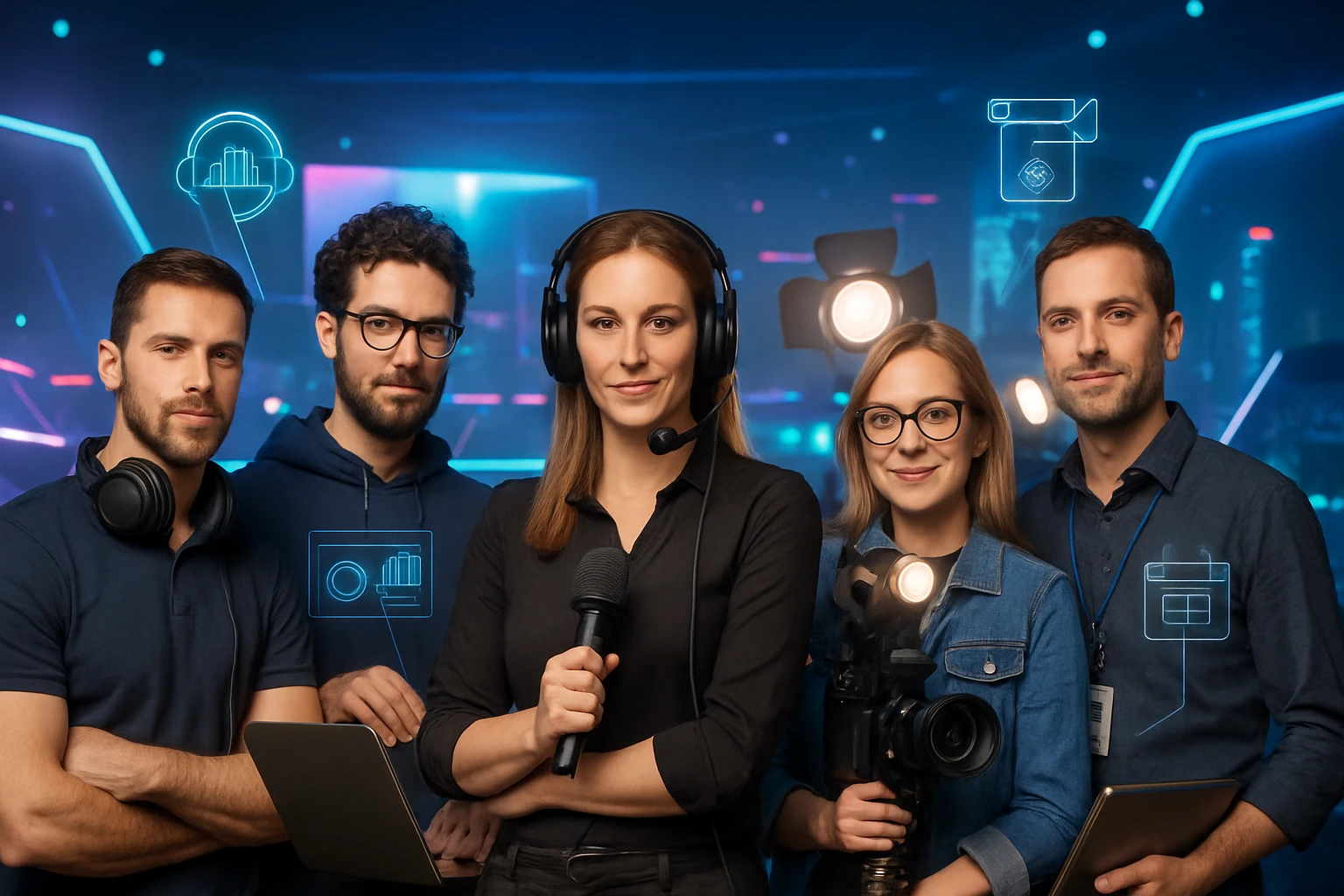 Öt fős médiacsapat, akik különböző technikai eszközökkel és headsettel állnak a kamera előtt.