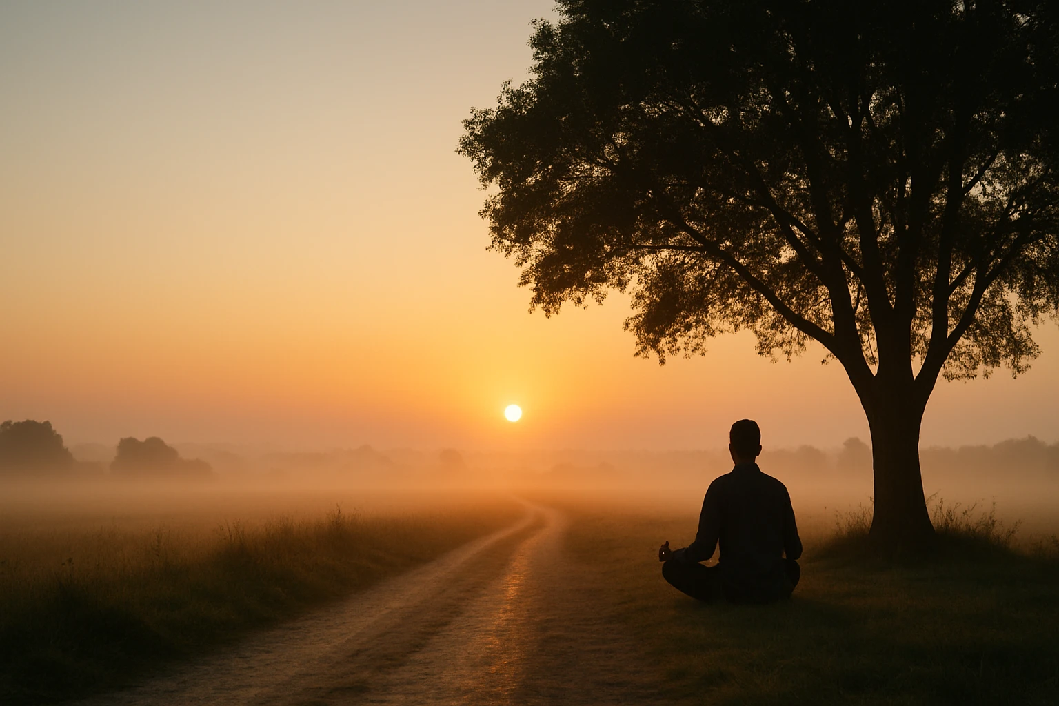 Egy meditáló személy ül a fűben, háttérben napfelkeltével és fákkal.