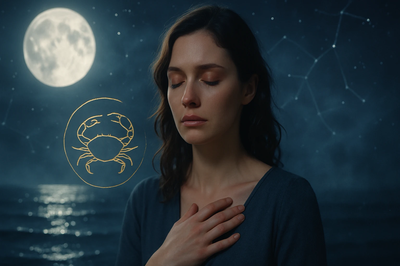Egy nő meditál a tengerparton, a háttérben teliholddal és rák csillagképpel.