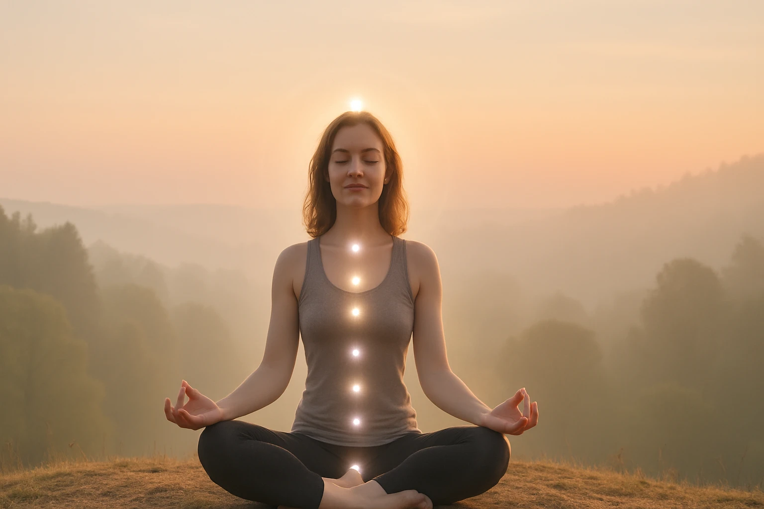 Egy nő meditál a természetben, a háttérben naplemente és köd látható.