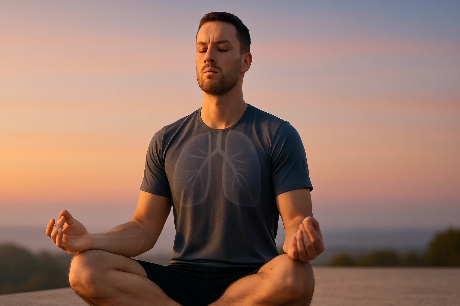 Egy férfi meditál a szabadban, nyugodt arckifejezéssel, naplementében.