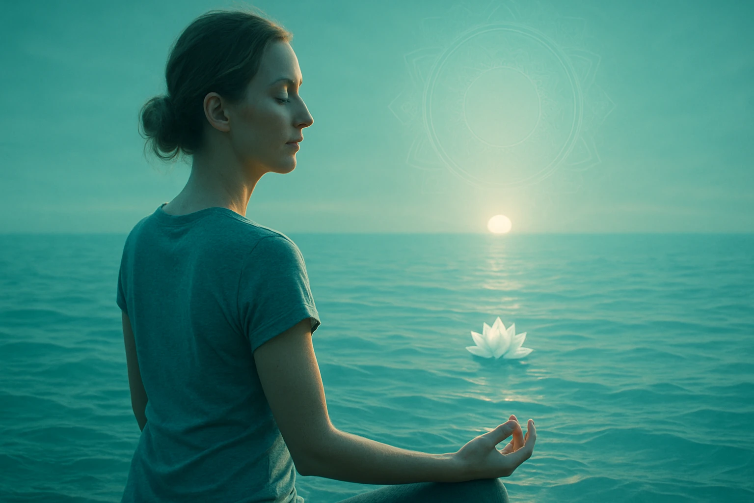Egy nő meditál a vízparton, háttérben napfelkeltével és vízi liliommal.