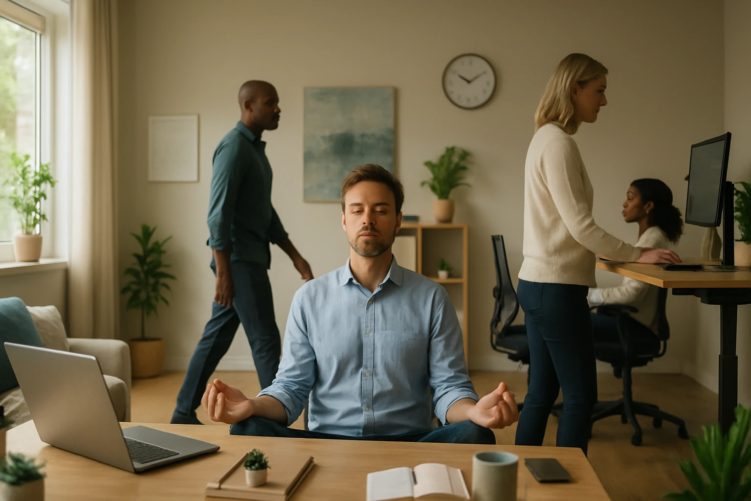 Egy férfi meditál egy modern irodai környezetben, míg mások dolgoznak.