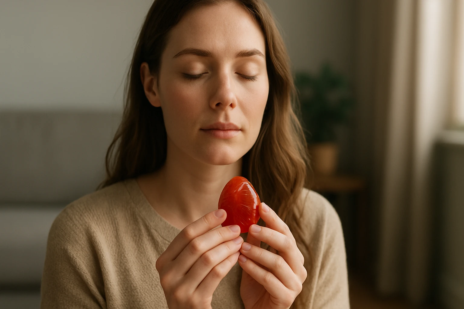 Egy nő meditál, miközben egy piros tojást tart a kezében.